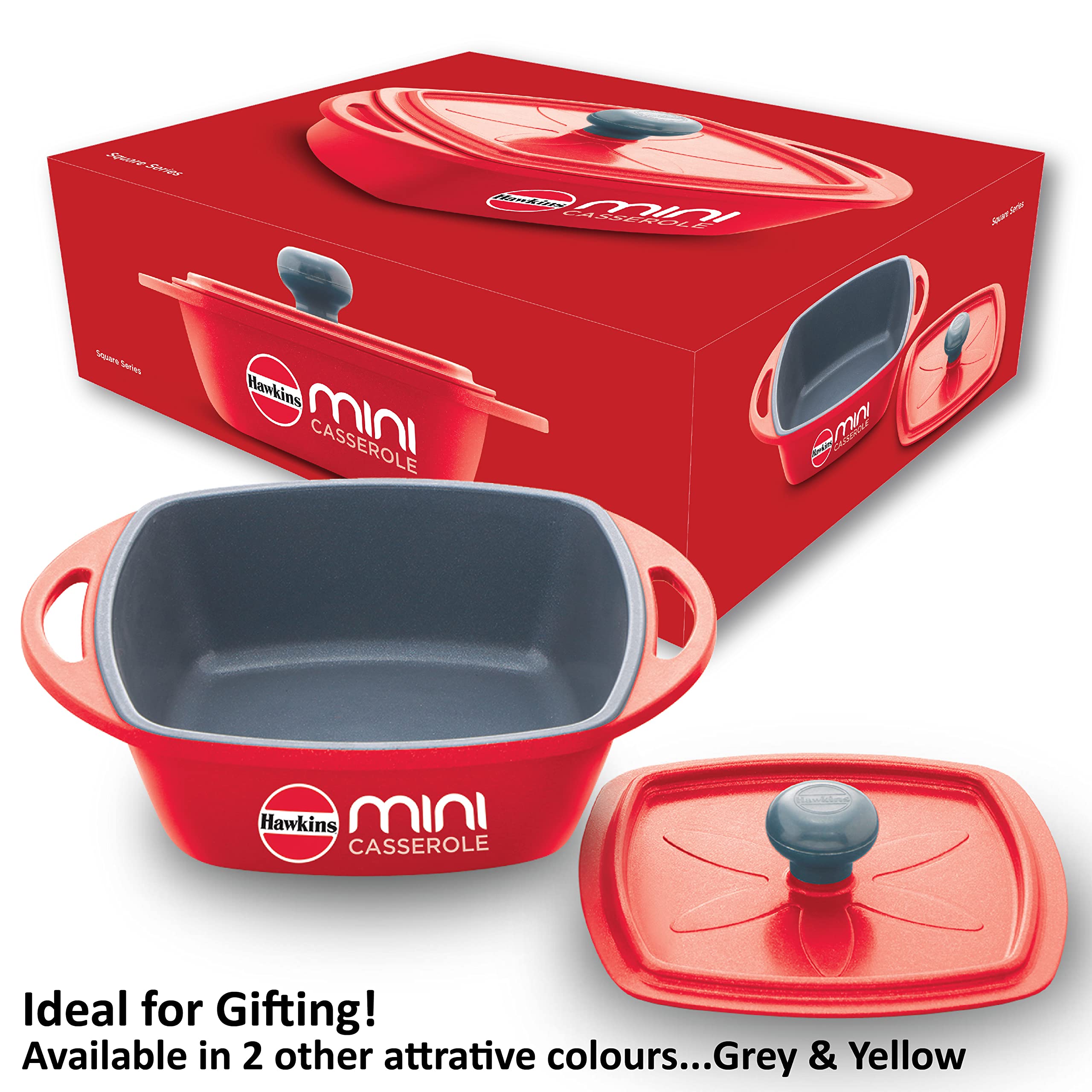 Hawkins Aluminium 0.75 liter Mini Casserole With Lid, Square Series Die-Cast Pan For Cooking, Reheating, Serving And Storing, Re